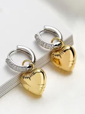 Gold Heart Charm Hoop Earrings | Two Tone Rhinestone Huggies | Coquette Jewelry